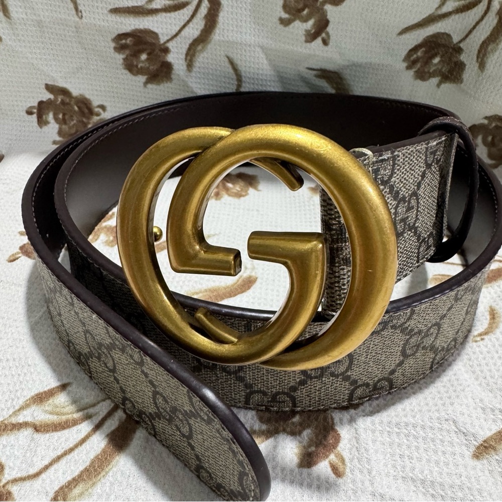 Gucci Beige GG Supreme and Leather GG Marmont Buckle Belt - Picture 3 of 13